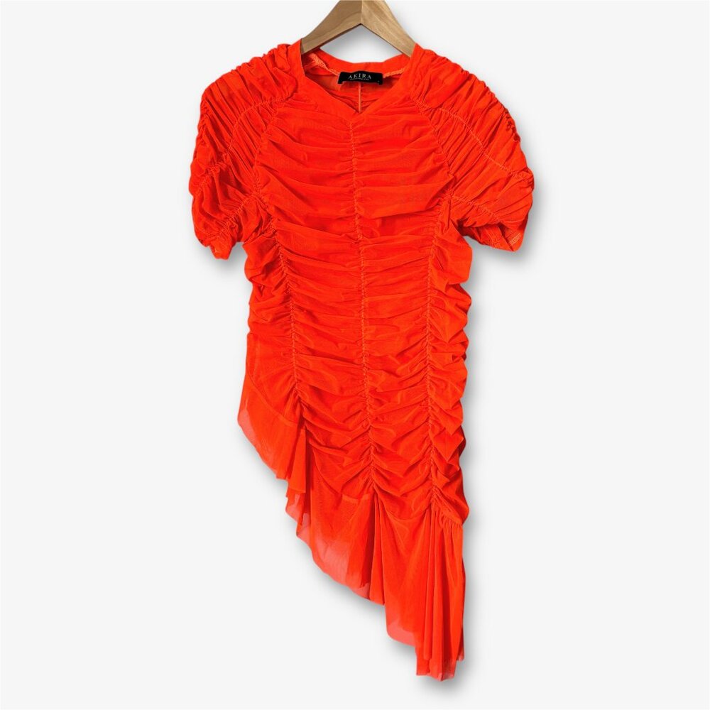 AKIRA Rory Ruched Mesh Asymmetrical Short Sleeve T-shirt Orange Womens Large Y2K - Picture 11 of 14